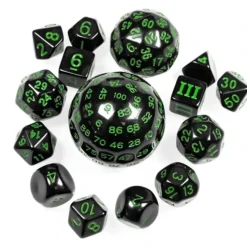 Shop All*15 Piece Dice set - Black with Green Numbers - Miniature Marvels: Airplane Models & Painted Dice