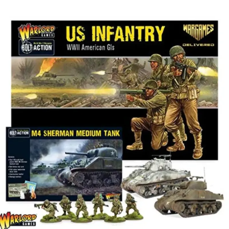 Shop All*Bolt Action - USA: US Infantry and M4 Sherman Medium Tank Set - Miniature Marvels: Airplane Models & Painted Dice