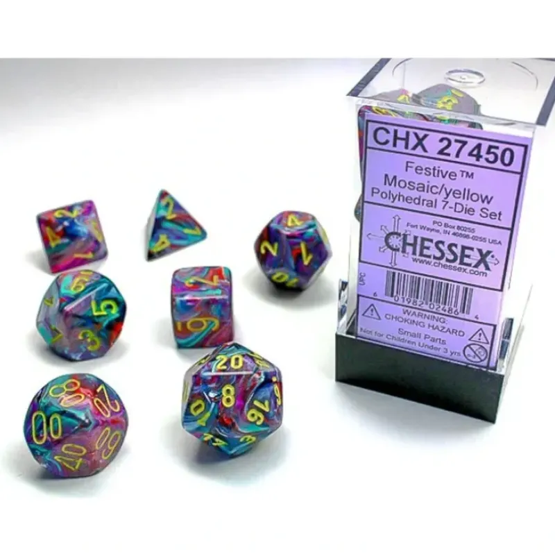 Shop All*Chessex CHX27450 Festive Mosaic Dice w/ Yellow Numbers - Miniature Marvels: Airplane Models & Painted Dice