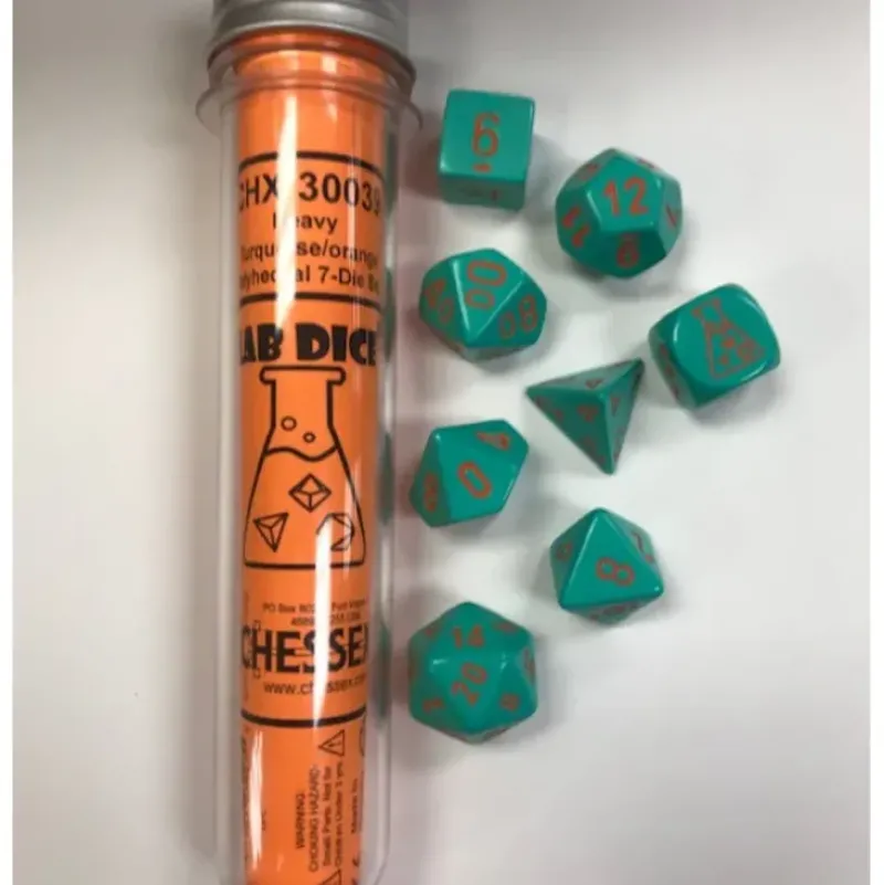 Shop All*Chessex CHX30039 Lab Dice Heavy Turquoise w/Orange Numbers - Miniature Marvels: Airplane Models & Painted Dice