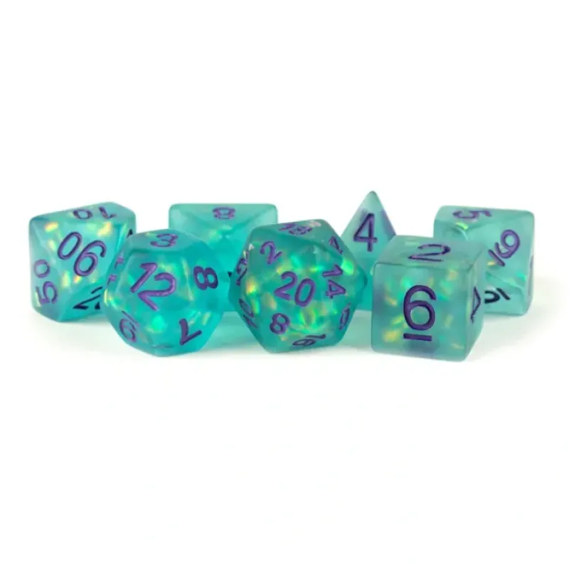 Dice<Icy Opal 16mm Resin Poly Dice Set: Teal with Purple Numbers MET 608 - Miniature Marvels: Airplane Models & Painted Dice