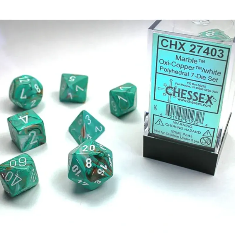 Dice<Oxi-Copper / White: Marble Polyhedral Dice Set (7's) CHX 27403 - Miniature Marvels: Airplane Models & Painted Dice
