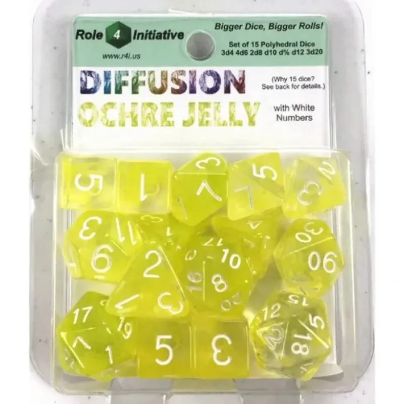 Dice<Polyhedral Dice: Diffusion Ochre Jelly with White Numbers - Set of 15 R4I 50405-FB - Miniature Marvels: Airplane Models & Painted Dice