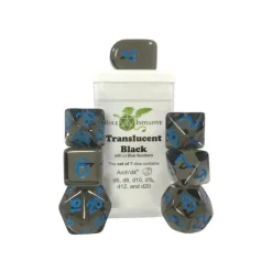 Dice<Polyhedral Dice: Translucent Black (Smoke) with Light Blue Numbers - Set of 7 R4I 50105-7B - Miniature Marvels: Airplane Models & Painted Dice
