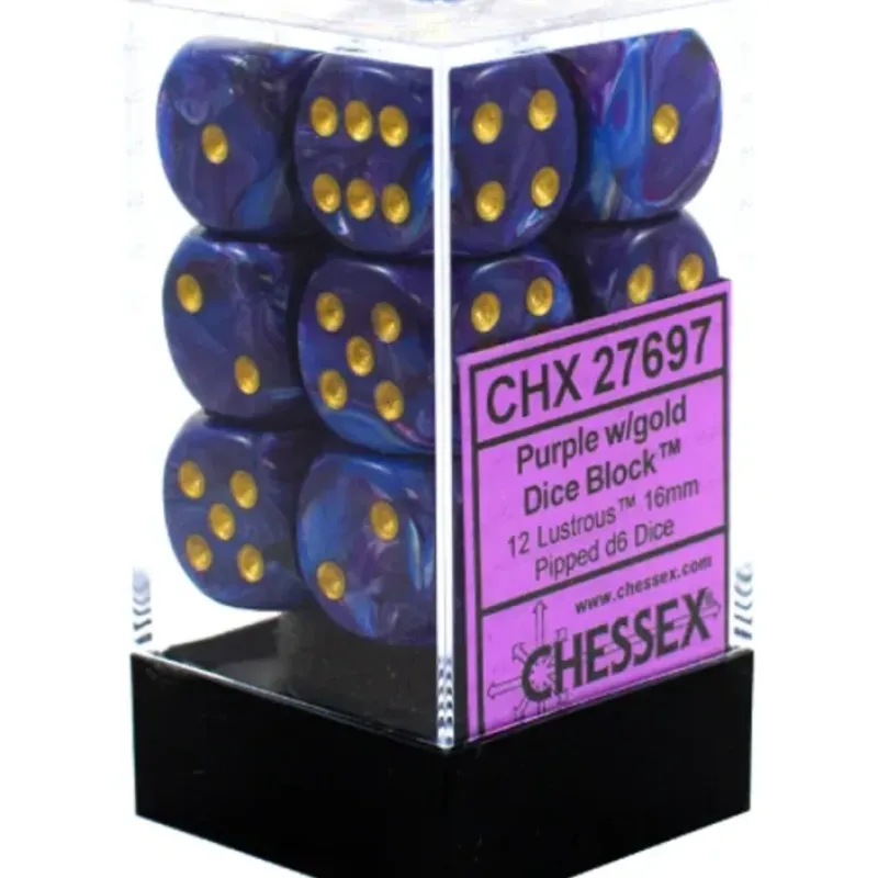 Dice<Purple / Gold: Lustrous 12d6 16mm Dice Set CHX 27697 - Miniature Marvels: Airplane Models & Painted Dice