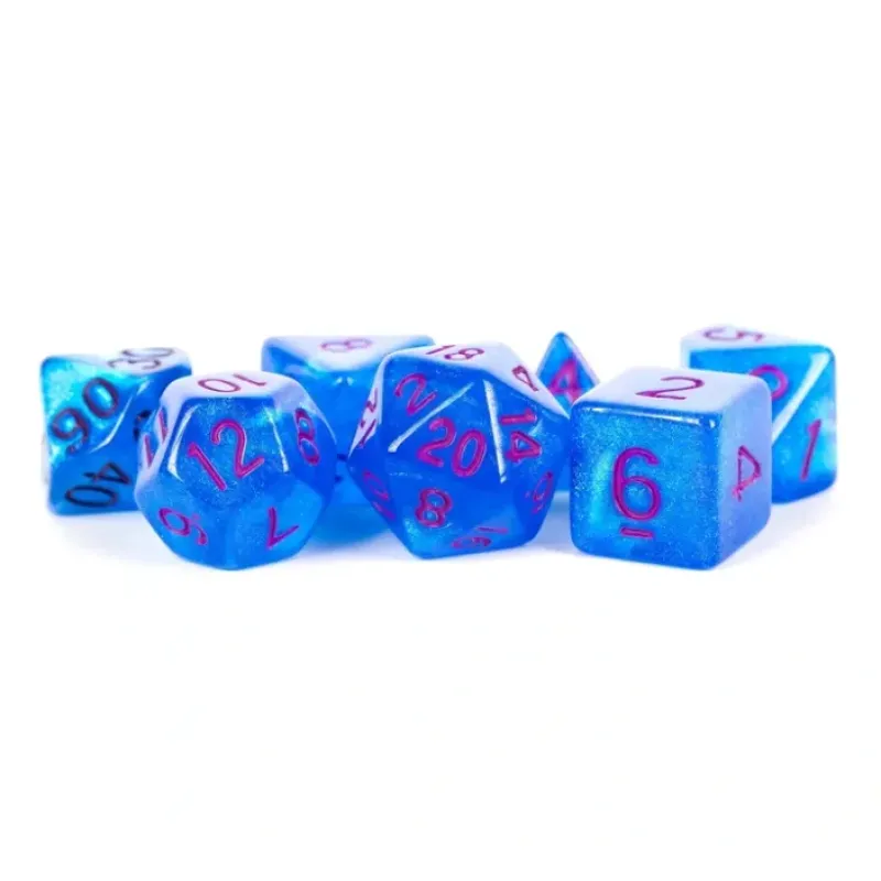 Dice<Stardust Blue w/ Purple Numbers 16mm Polyhedral Dice Set MET 176 - Miniature Marvels: Airplane Models & Painted Dice