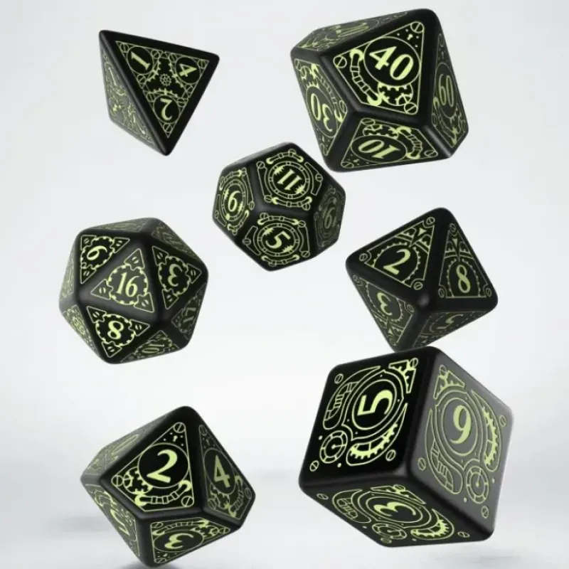 Dice<Steampunk Black & Glow-in-the-Dark Dice Set (7) QWS SSTE19 - Miniature Marvels: Airplane Models & Painted Dice